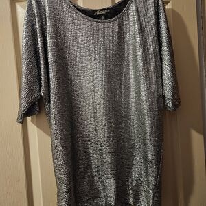 Absolutely Famous Sexy Slouch Metallic Silver Color Short Sleeve Dressy Top